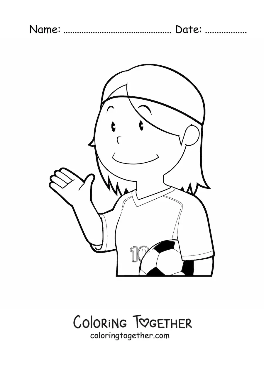 Coloring page of a girl soccer player waving