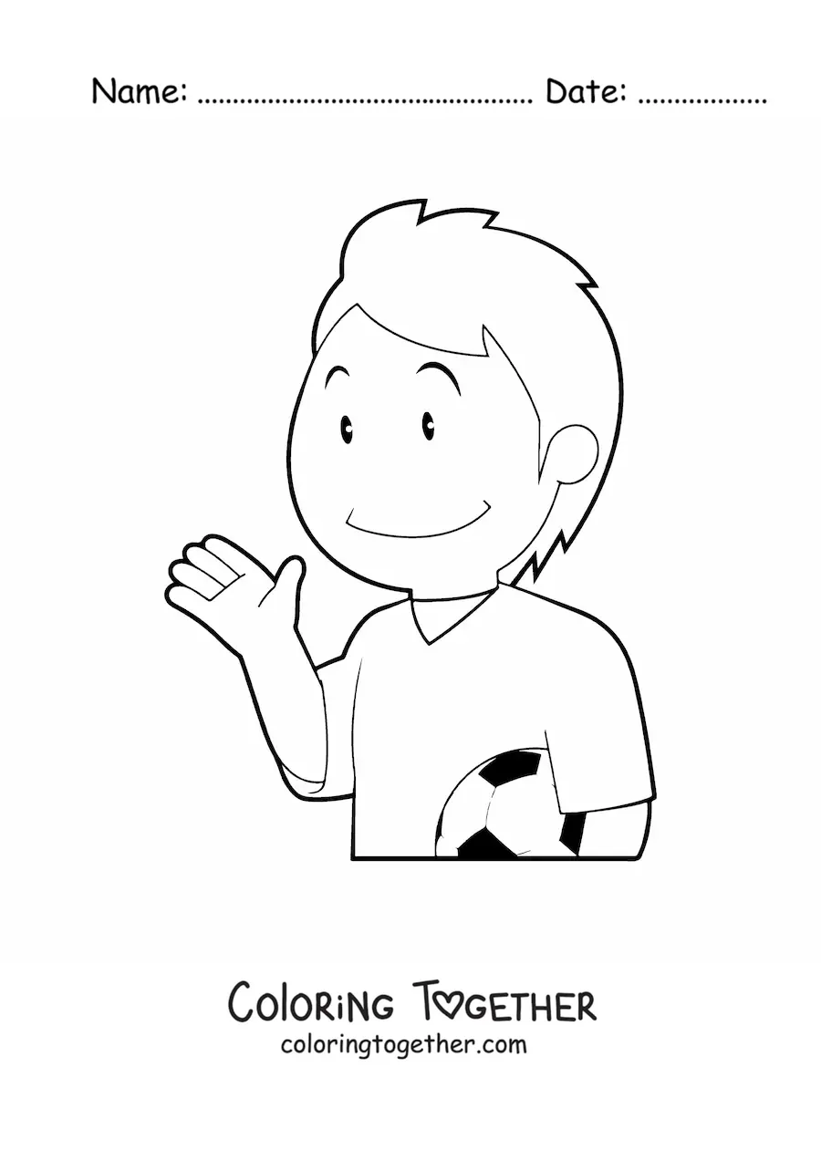 Coloring page of a boy soccer player waving