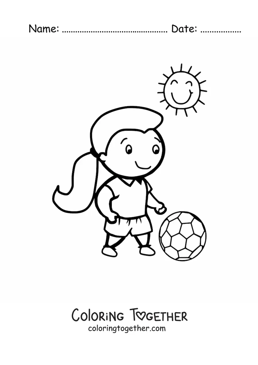Coloring page of a kawaii girl soccer player