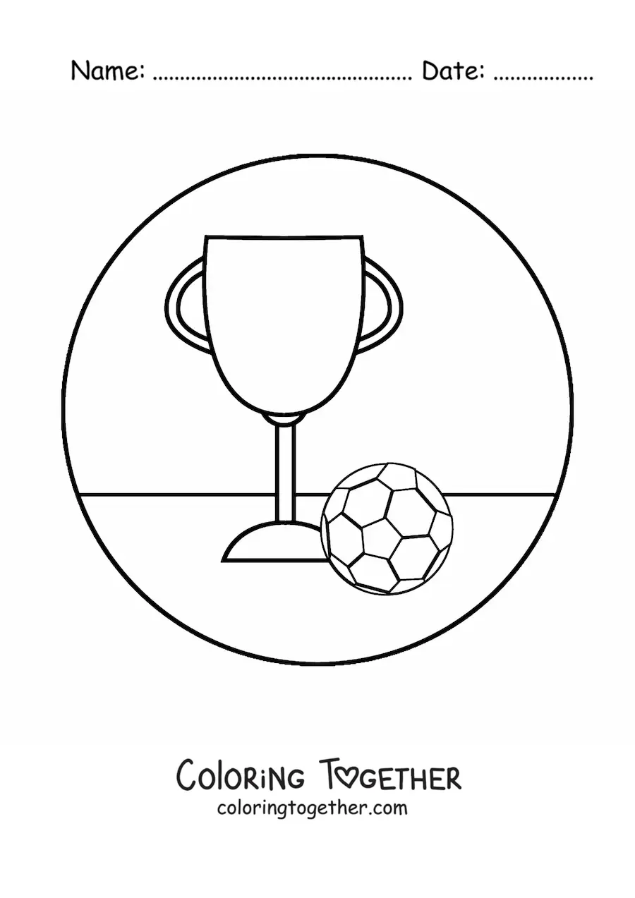 Coloring page of a soccer ball and a trophy