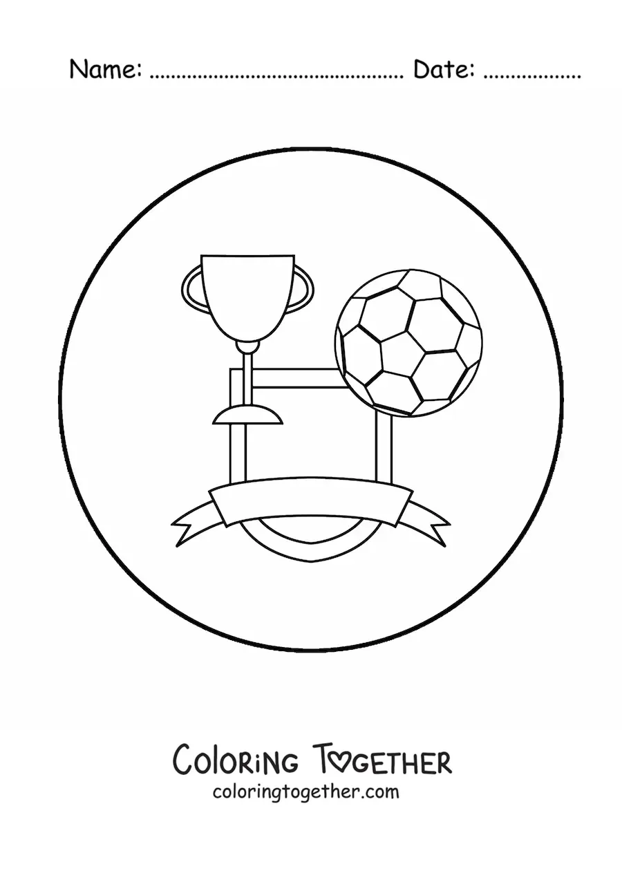 Coloring page of a crest with a soccer ball and a trophy