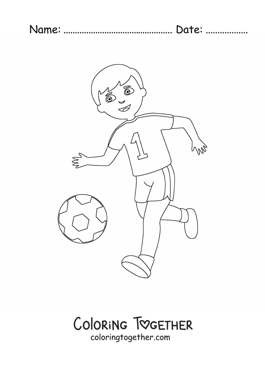 Coloring page of a boy running after a soccer ball