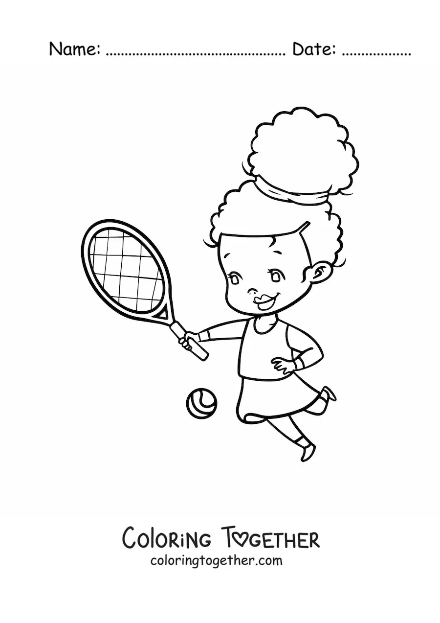 Coloring page of a kawaii girl playing tennis