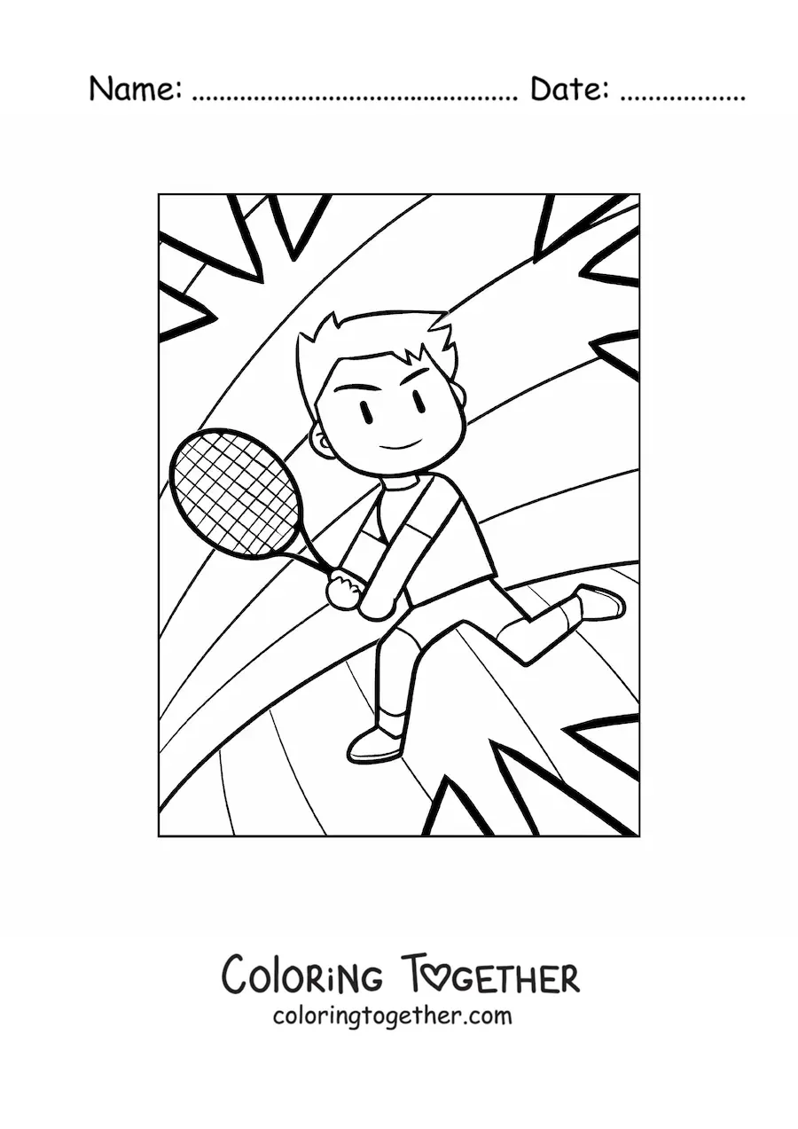 Coloring page of a boy playing tennis