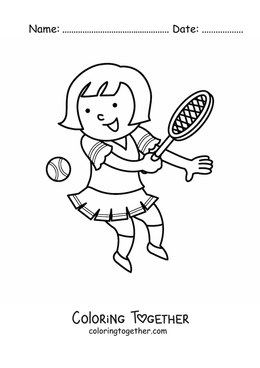 Coloring page of a kawaii girl tennis player