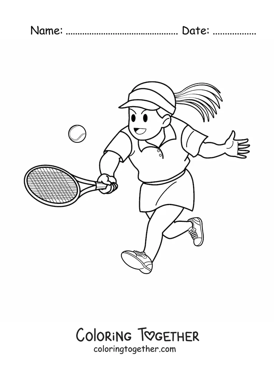 Coloring page of a girl playing tennis