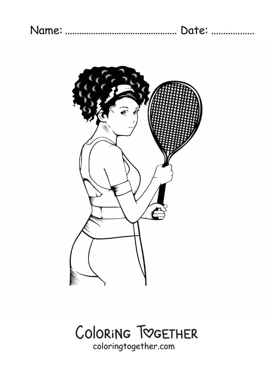 Coloring page of a woman holding a tennis racket
