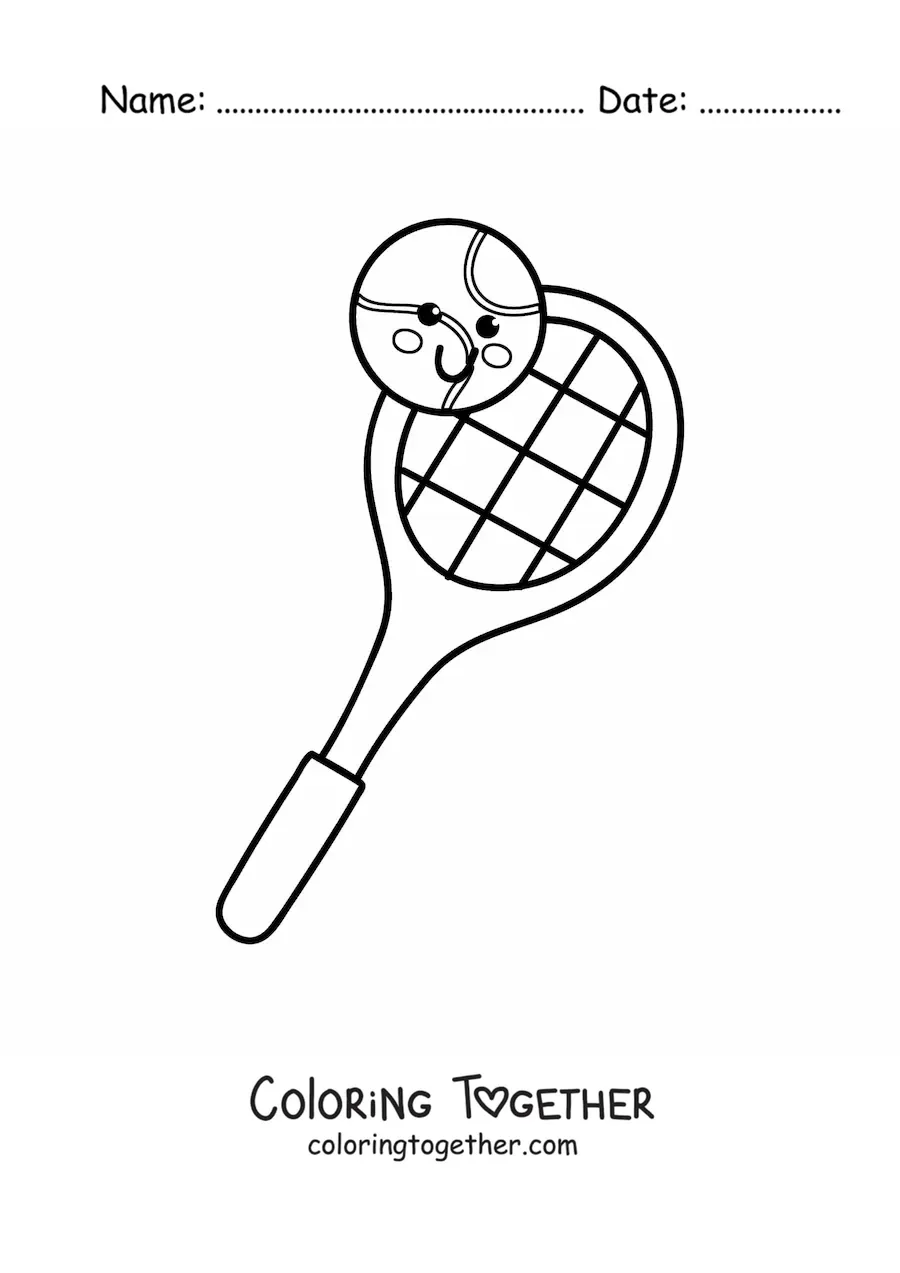 Coloring page of a kawaii tennis racket and ball