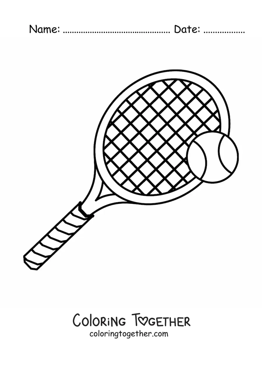 Coloring page of a tennis racket and ball