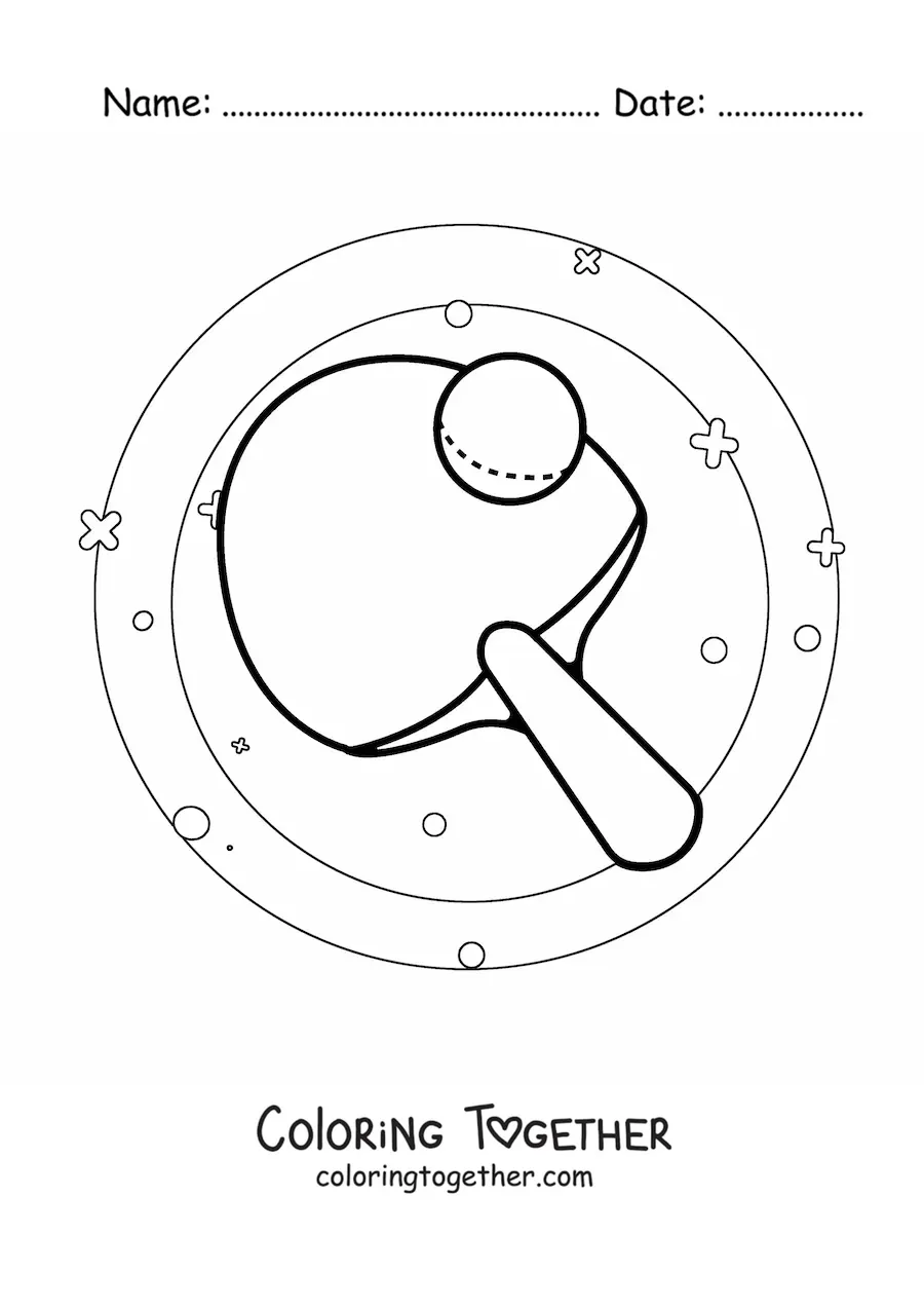 Coloring page of a table tennis paddle and ball