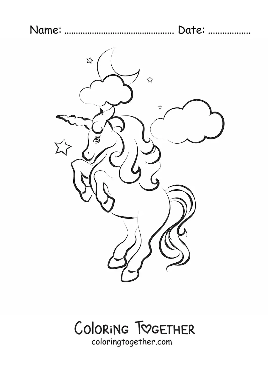 Coloring page of an animated unicorn on two legs, with stars, clouds, and the moon in the background