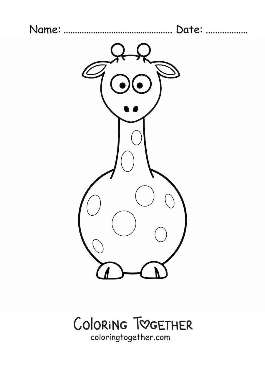 Coloring page of a cartoon giraffe sitting and facing forward