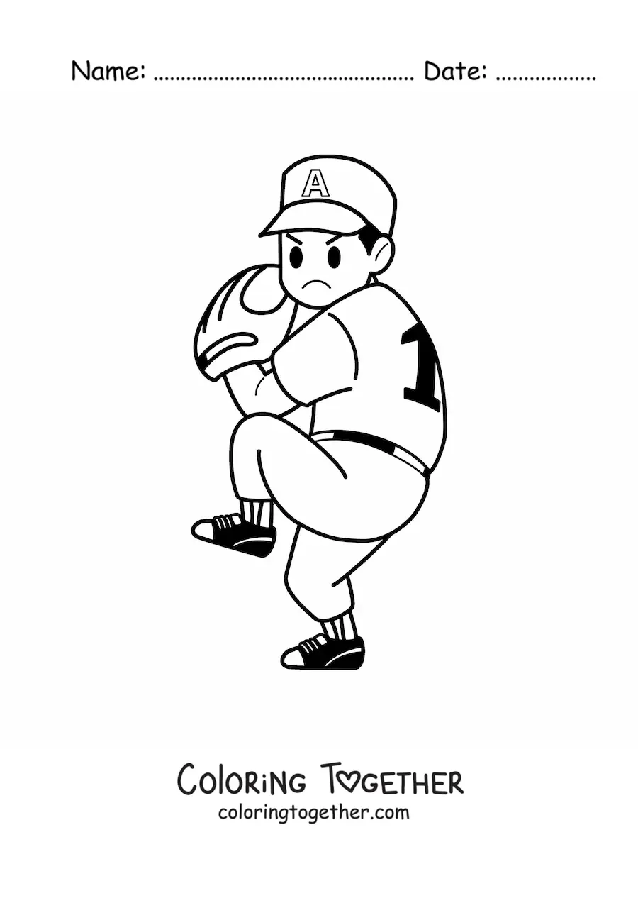 Coloring page of a baseball player with a glove
