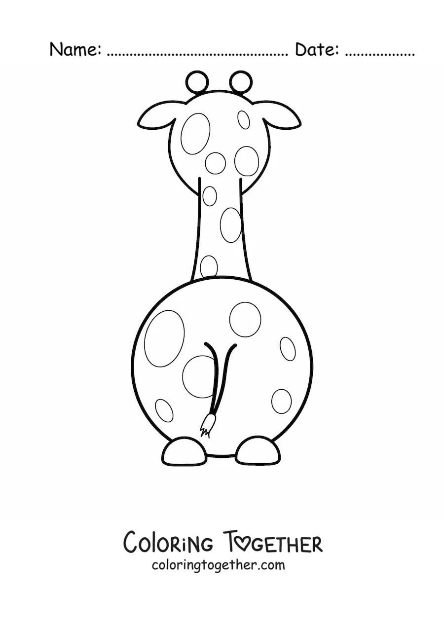 Coloring page of a cartoon giraffe sitting with its back turned