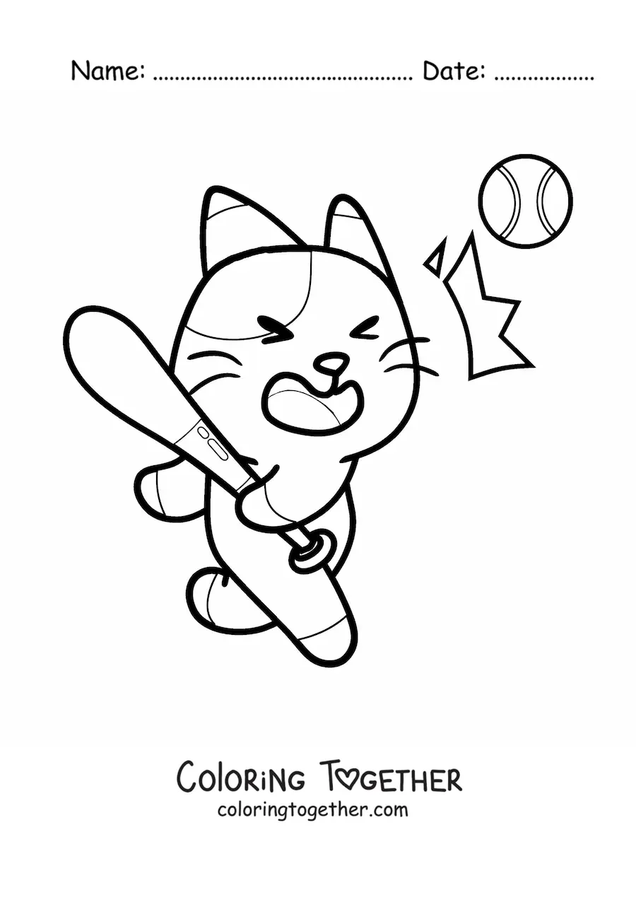 Coloring page of an animated baseball cat