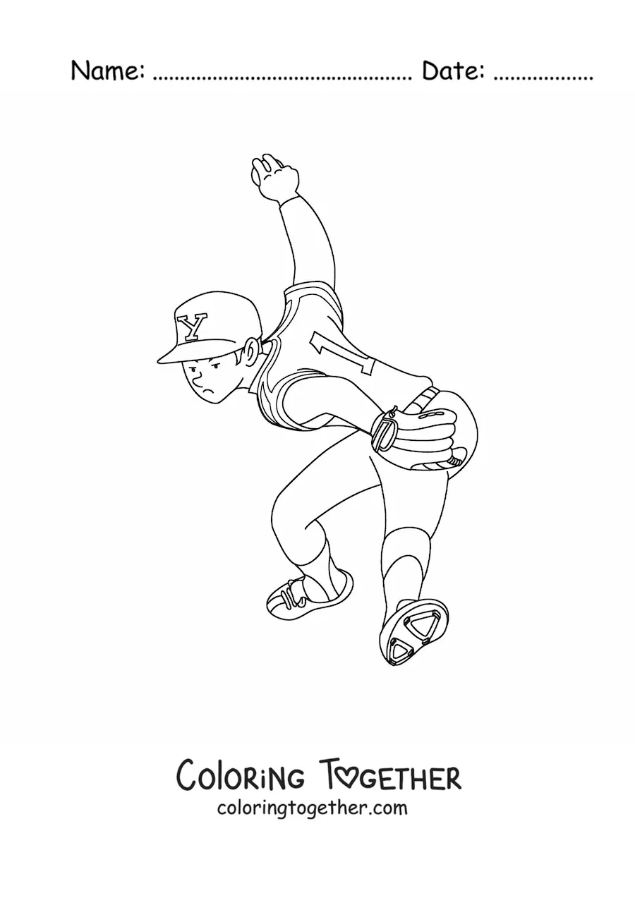 Coloring page of a baseball player throwing the ball