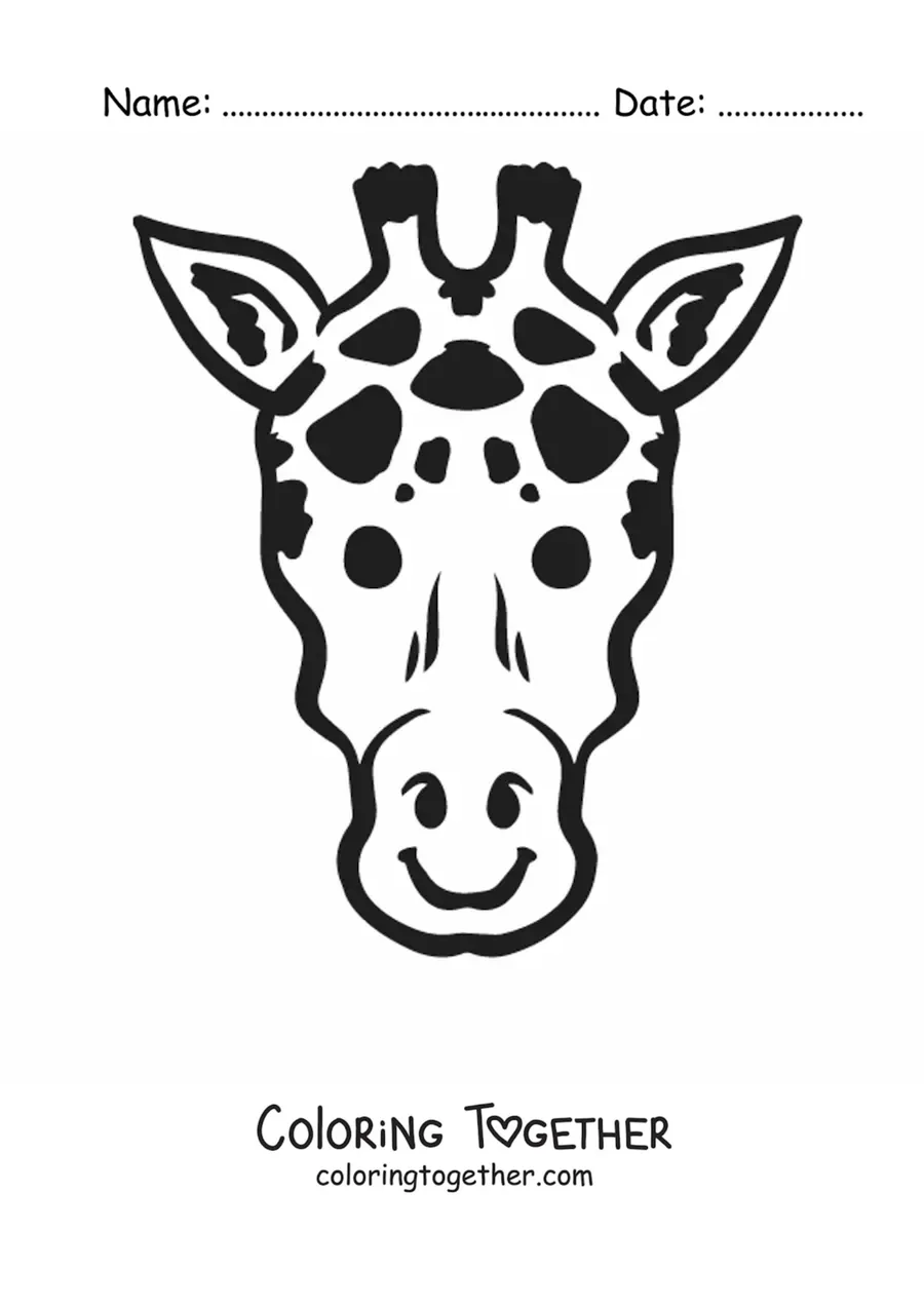 Coloring page of the face of a smiling giraffe