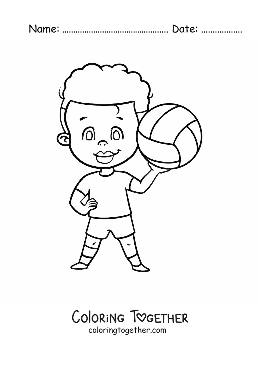 Coloring page of a kawaii boy with a volleyball
