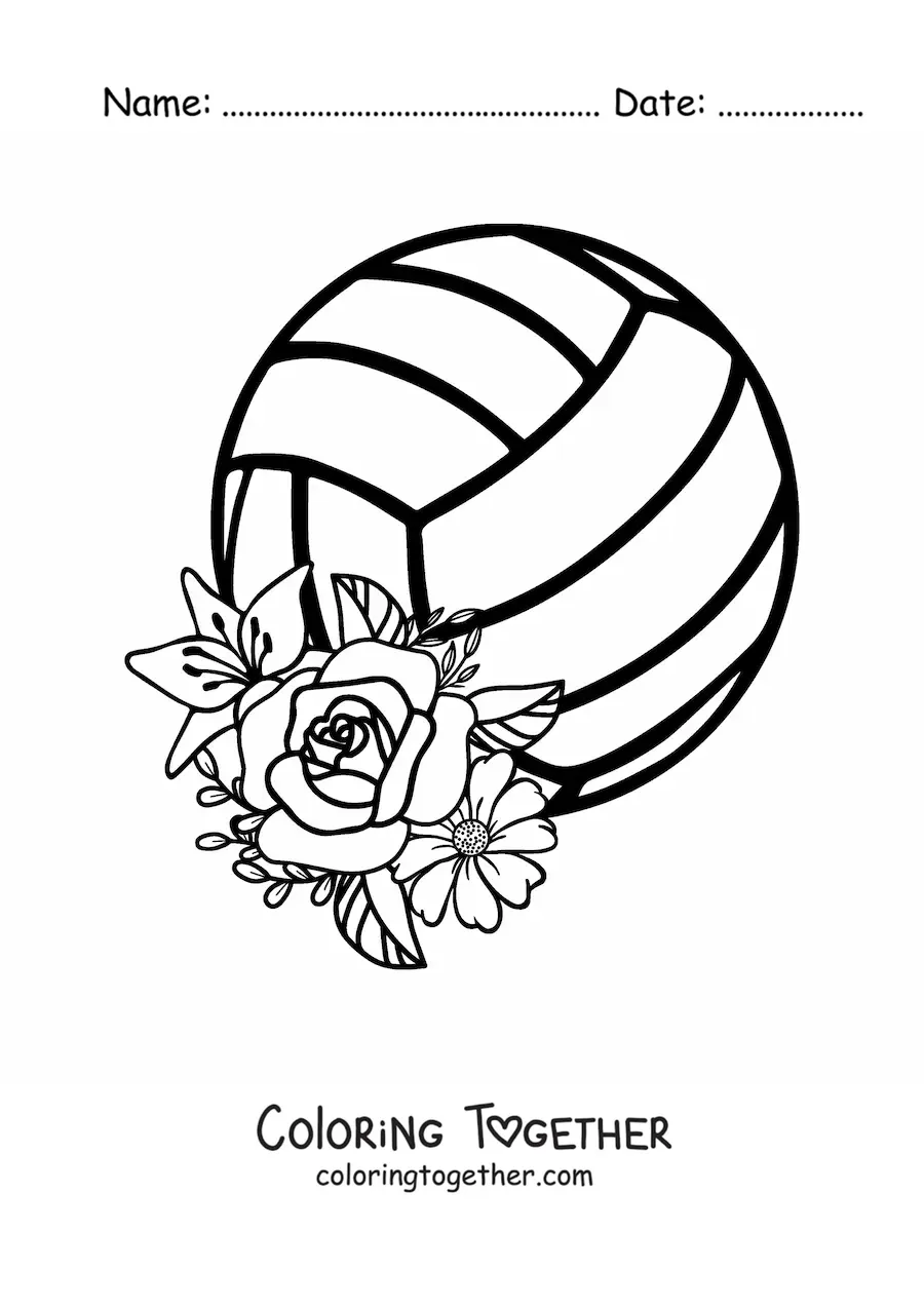 Coloring page of a volleyball with flowers