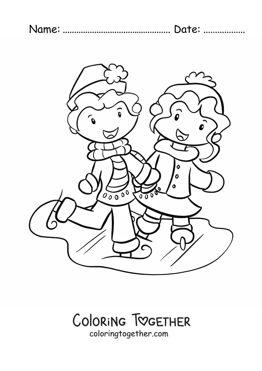 Coloring page of a couple ice skating