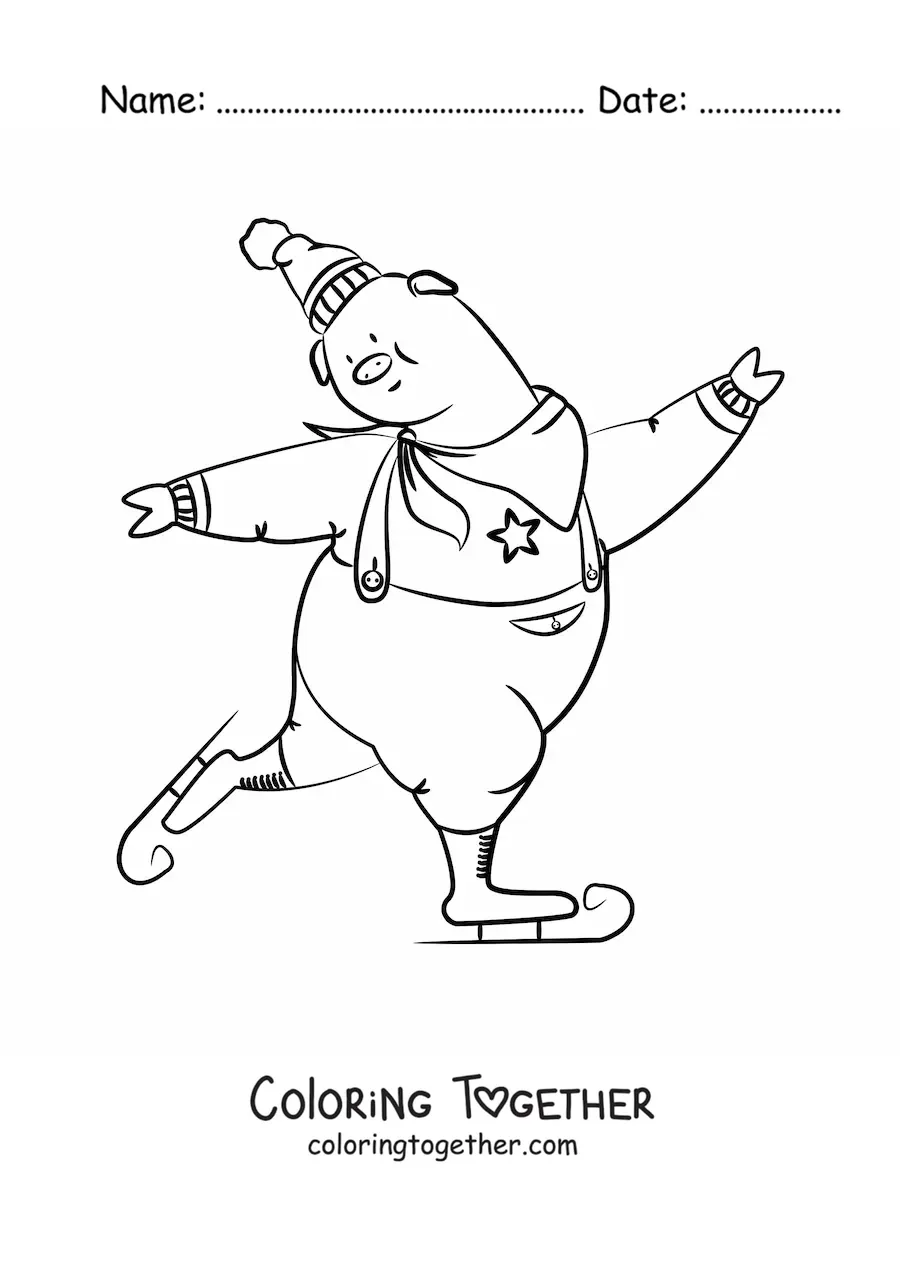 Coloring page of an animated pig ice skating