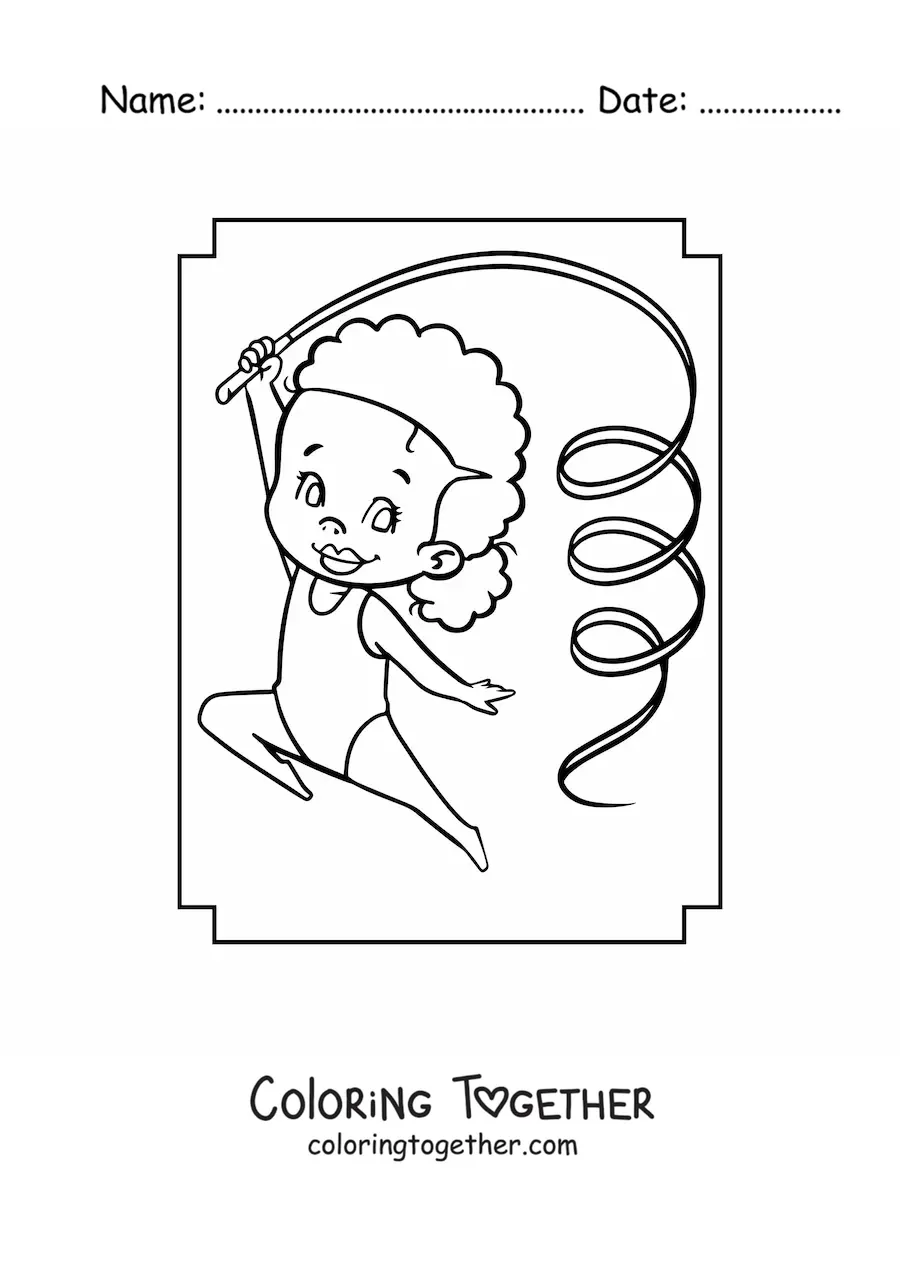 Coloring page of a kawaii girl gymnast with a ribbon