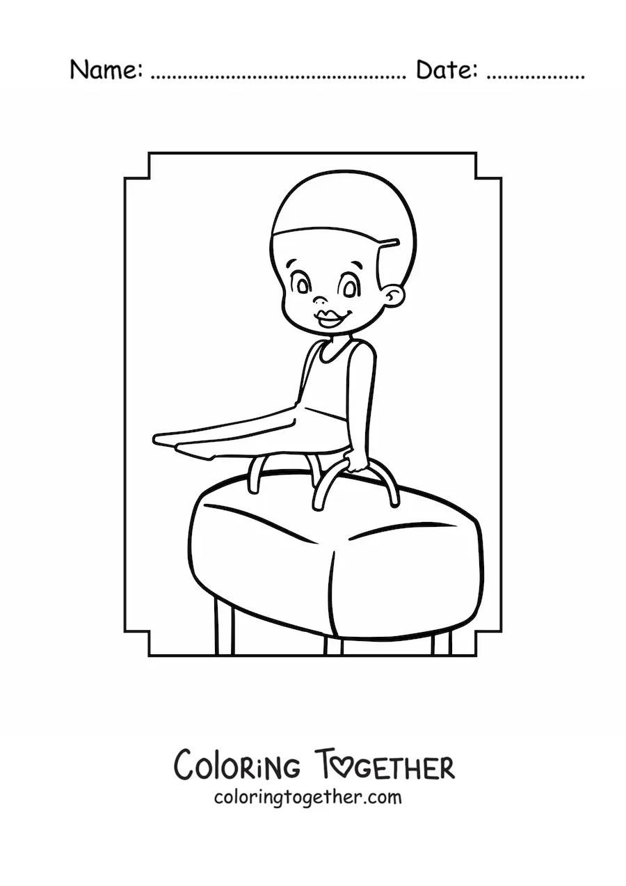 Coloring page of a kawaii girl gymnast on the vault