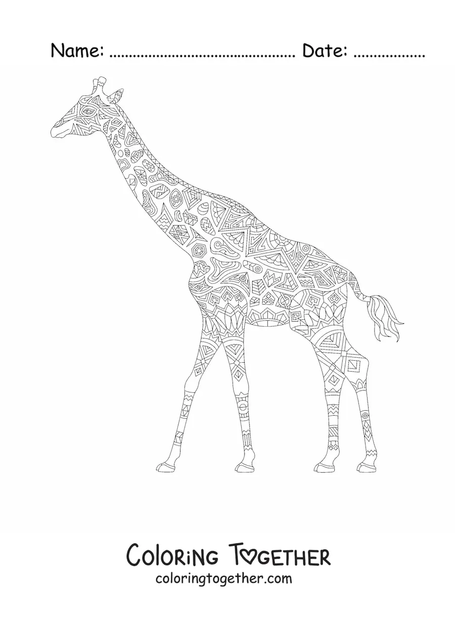 Coloring page of a giraffe-shaped mandala stretching its neck