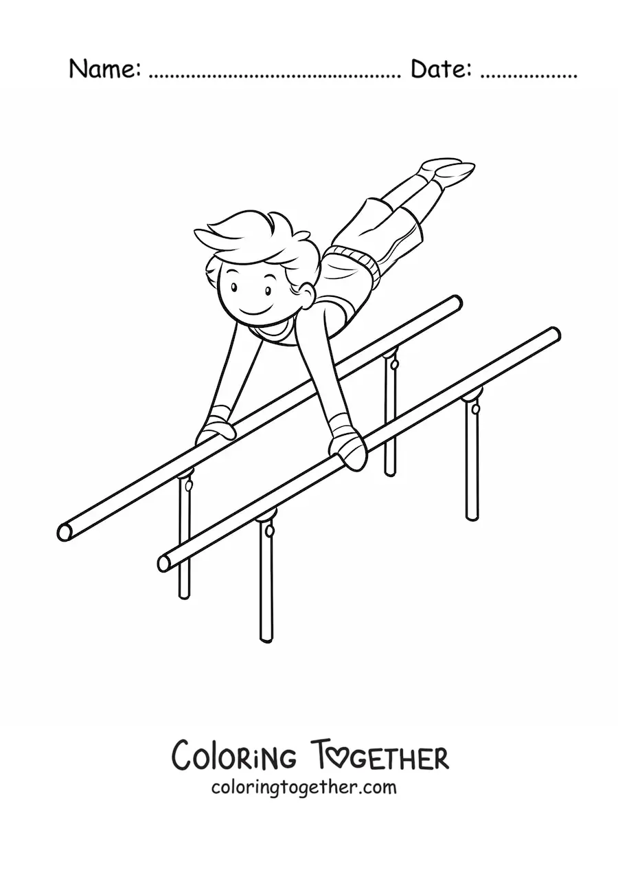 Coloring page of a boy gymnast on the parallel bars