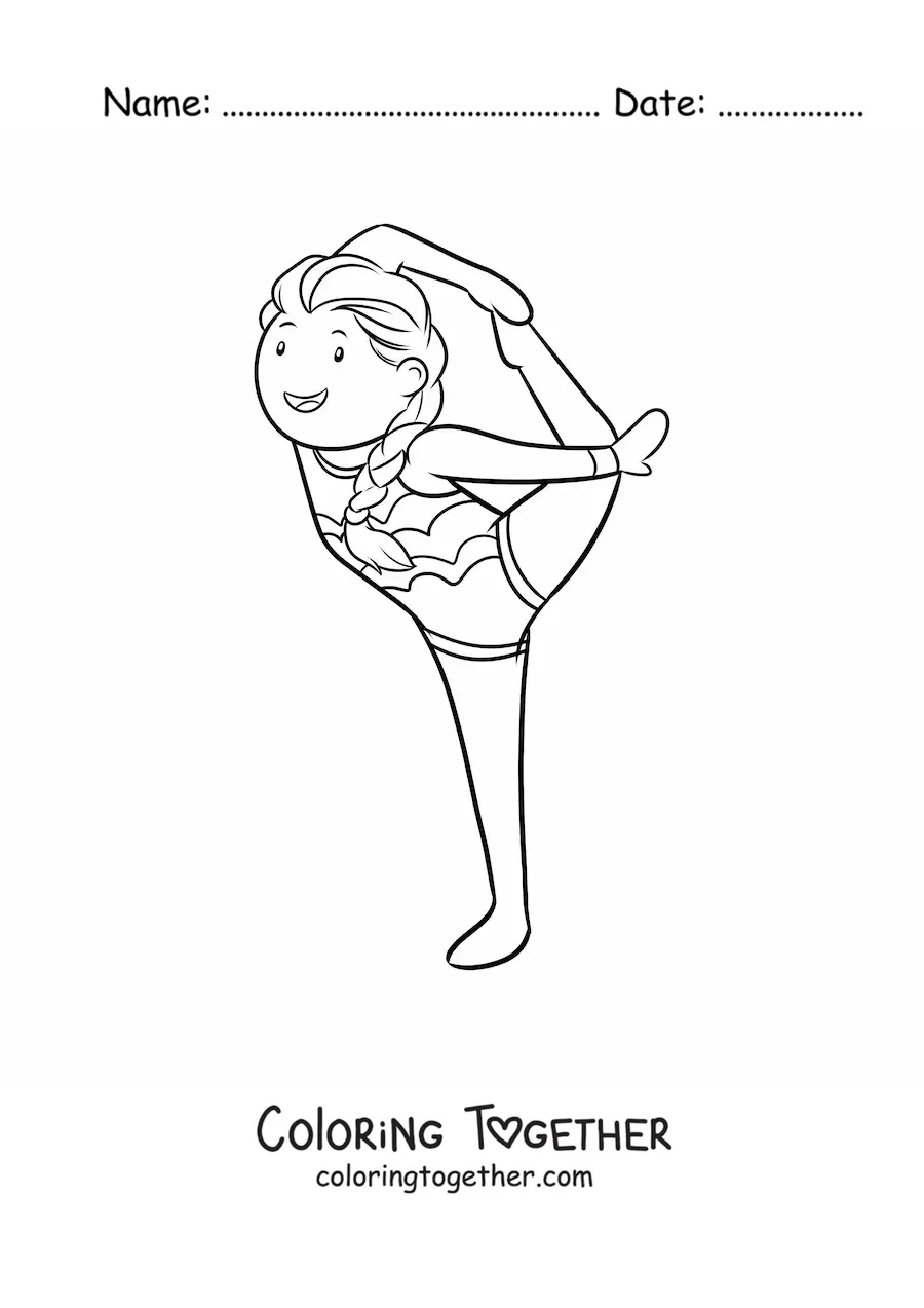 Coloring page of a girl practicing rhythmic gymnastics
