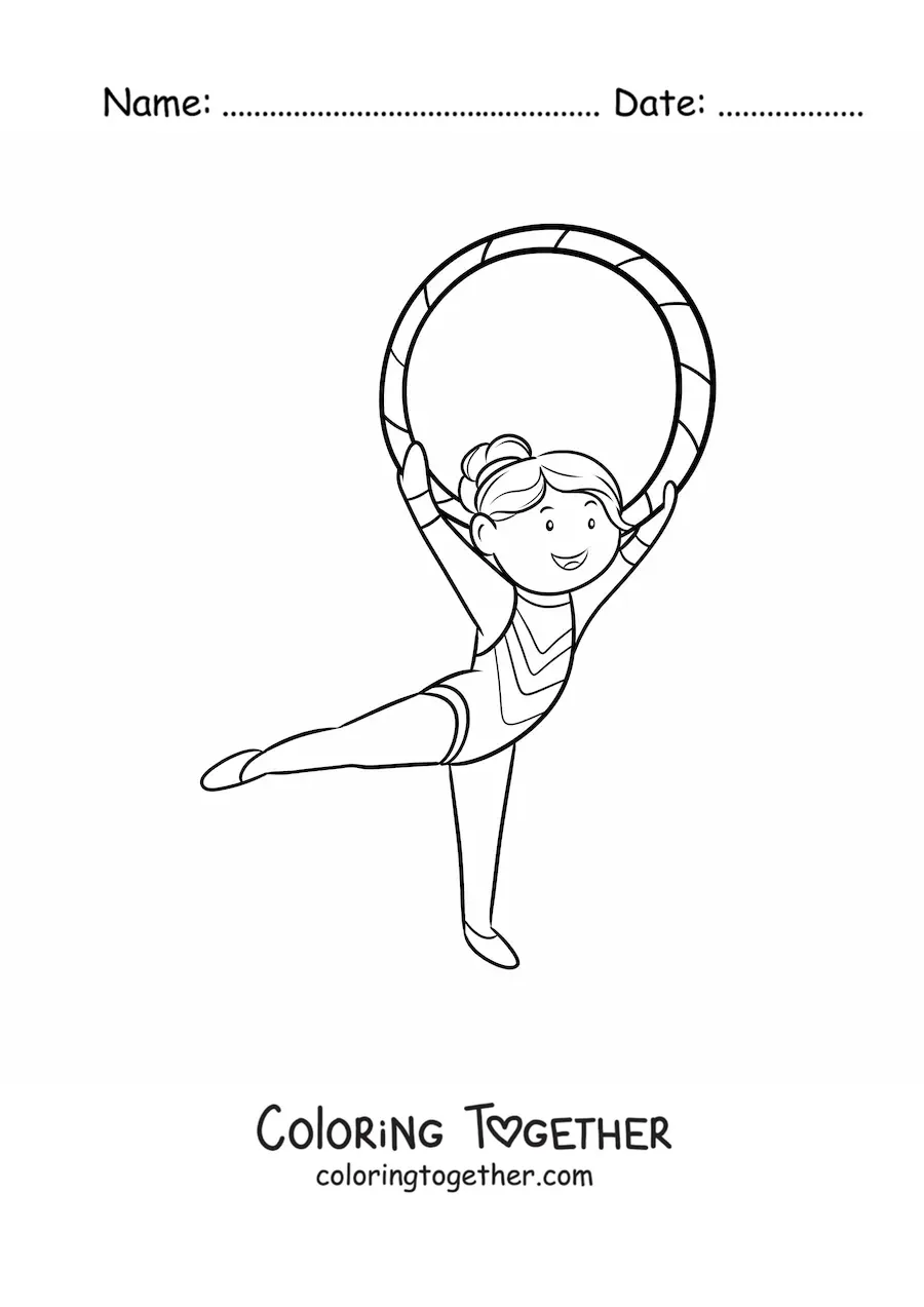 Coloring page of a girl practicing rhythmic gymnastics with a hoop