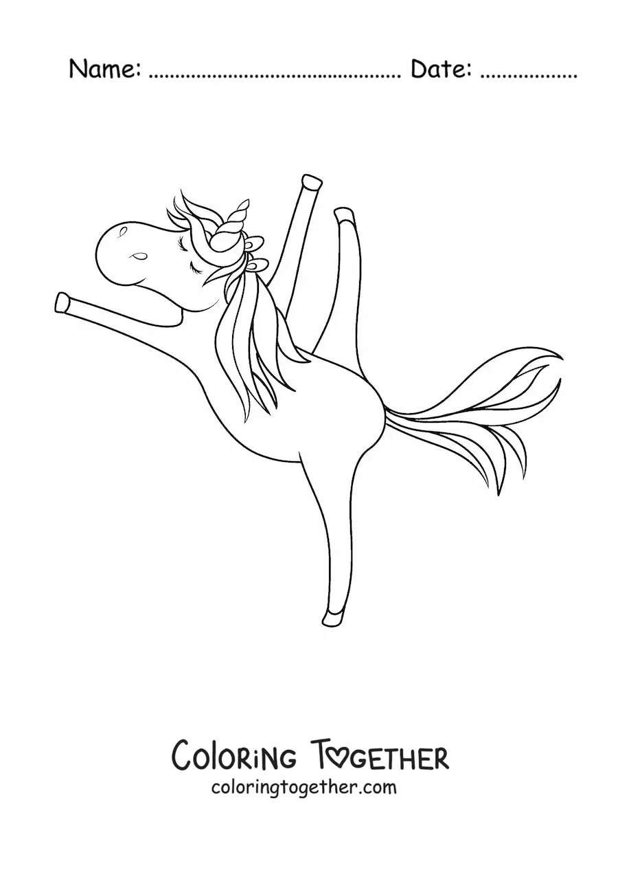 Coloring page of an animated gymnast unicorn