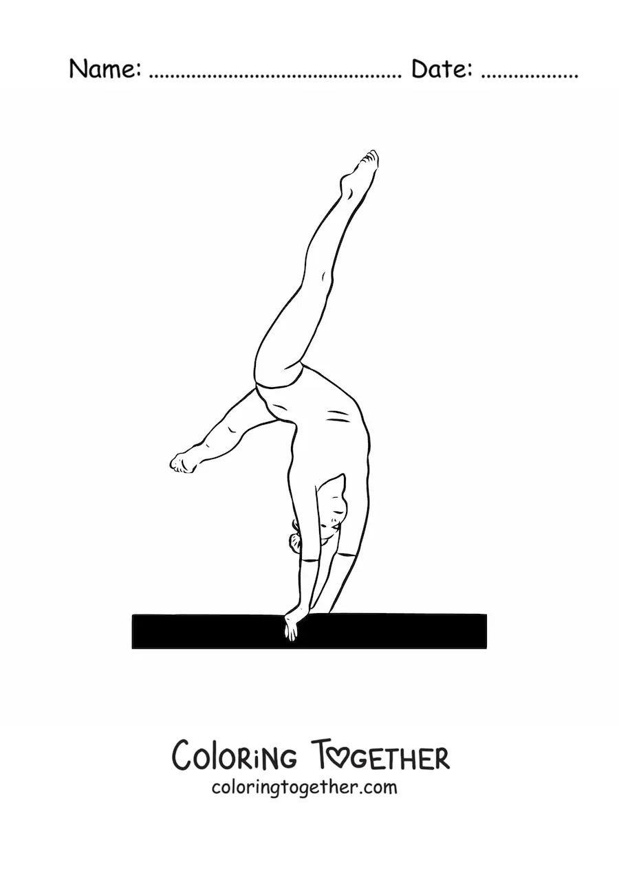Coloring page of a girl gymnast performing exercises on the vault