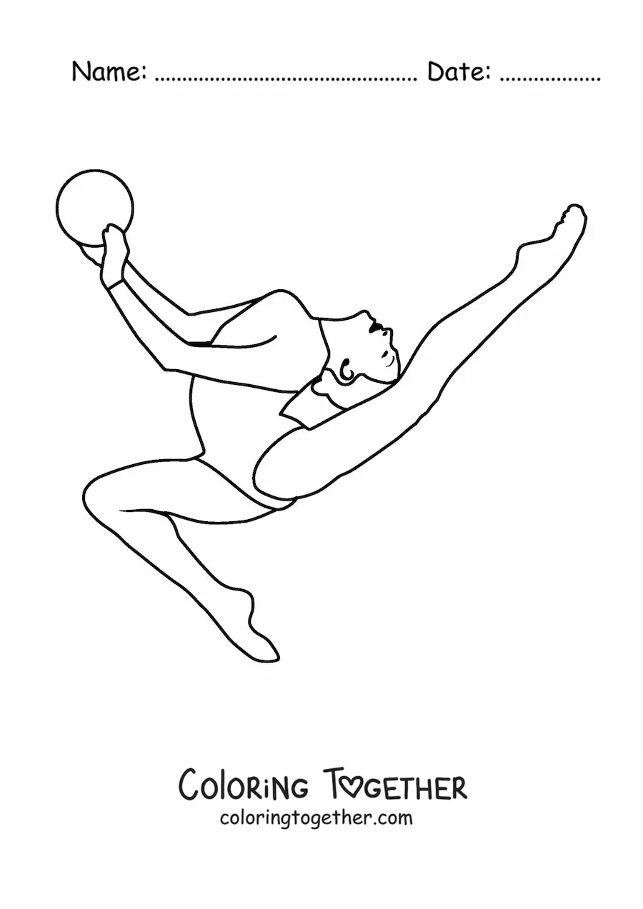Coloring page of an athlete practicing rhythmic gymnastics with a ball