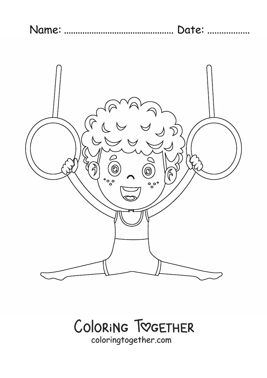 Coloring page of a kawaii boy doing gymnastics on the rings