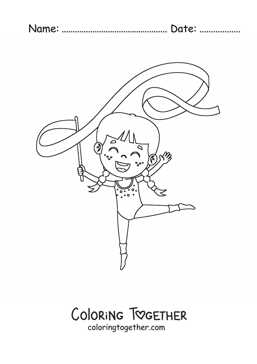 Coloring page of a kawaii girl doing rhythmic gymnastics