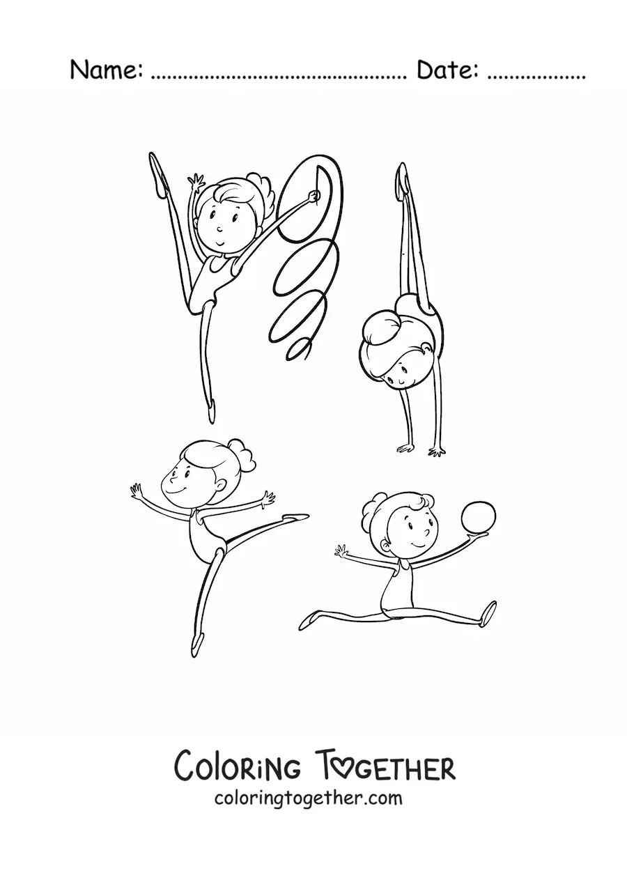 Coloring page of several girls practicing artistic gymnastics