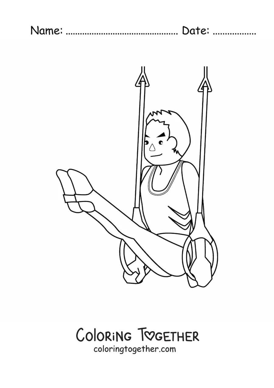 Coloring page of an athlete doing men's gymnastics on the rings