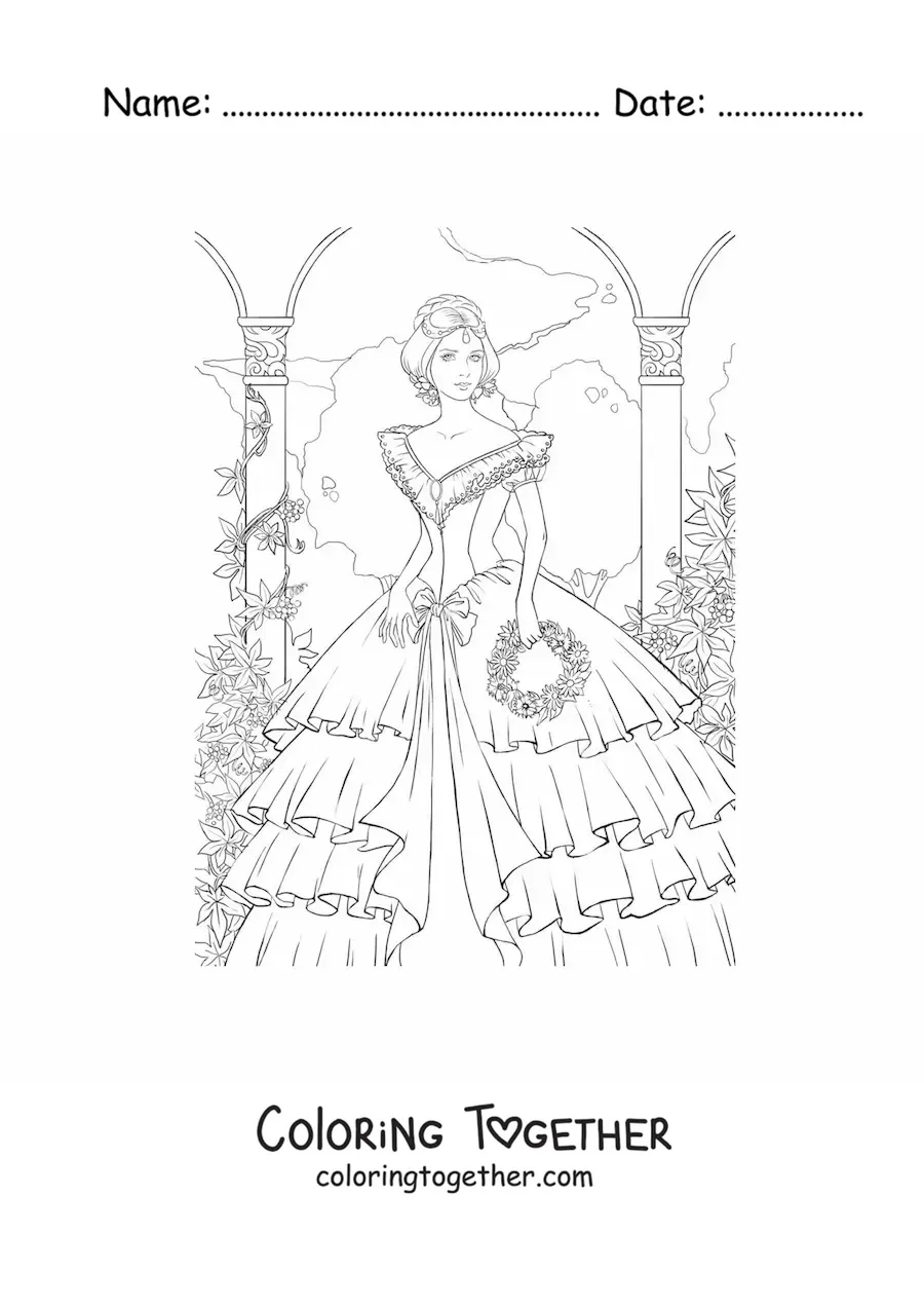 Coloring page of a lady in a dress