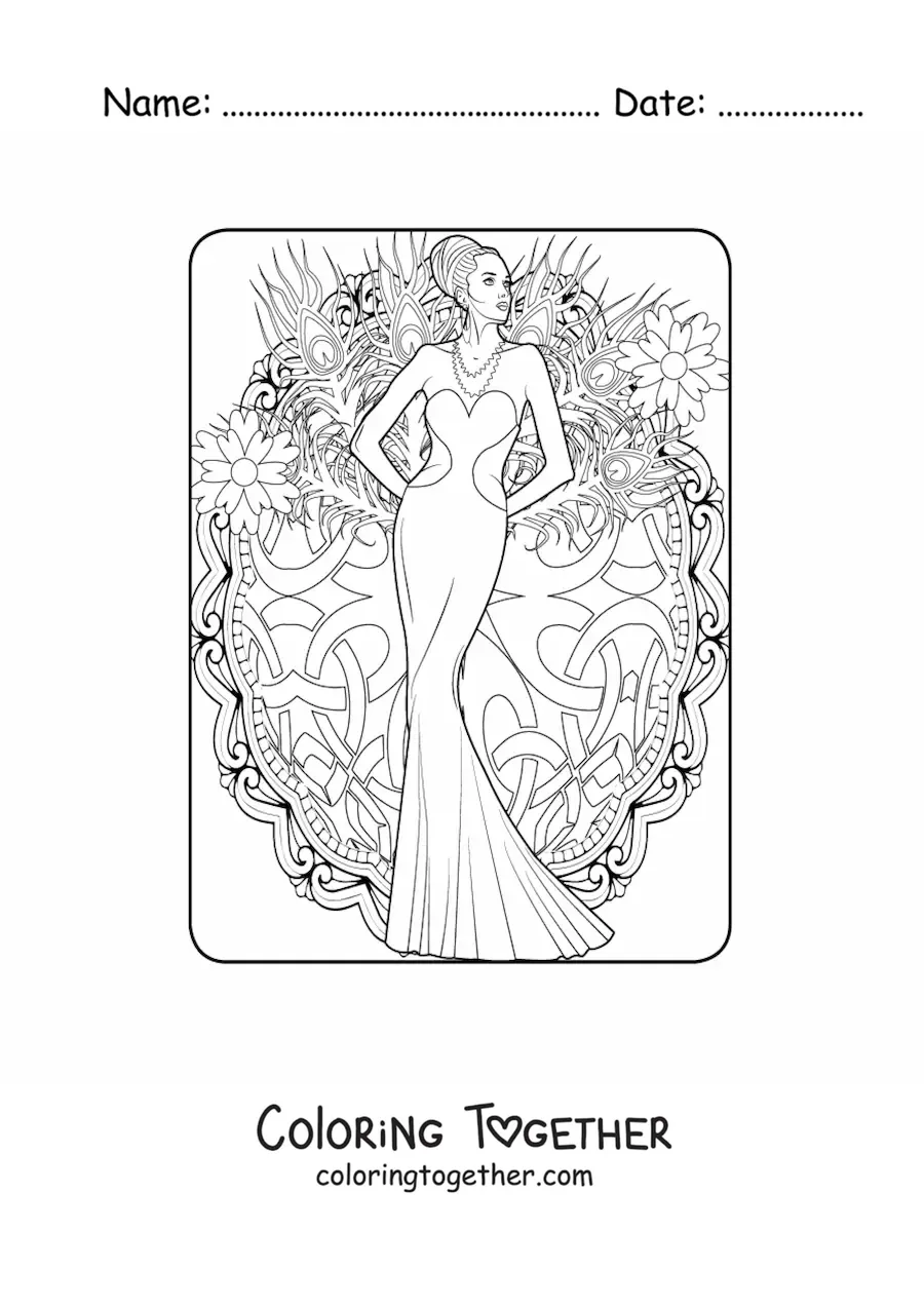 Coloring page of a woman in a mermaid-style dress