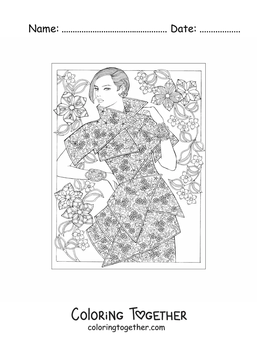 Coloring page of a woman in a fashionable dress
