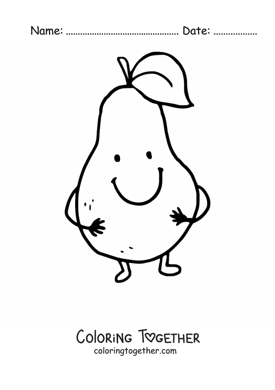 Coloring page of a cartoon pear with hands and feet smiling