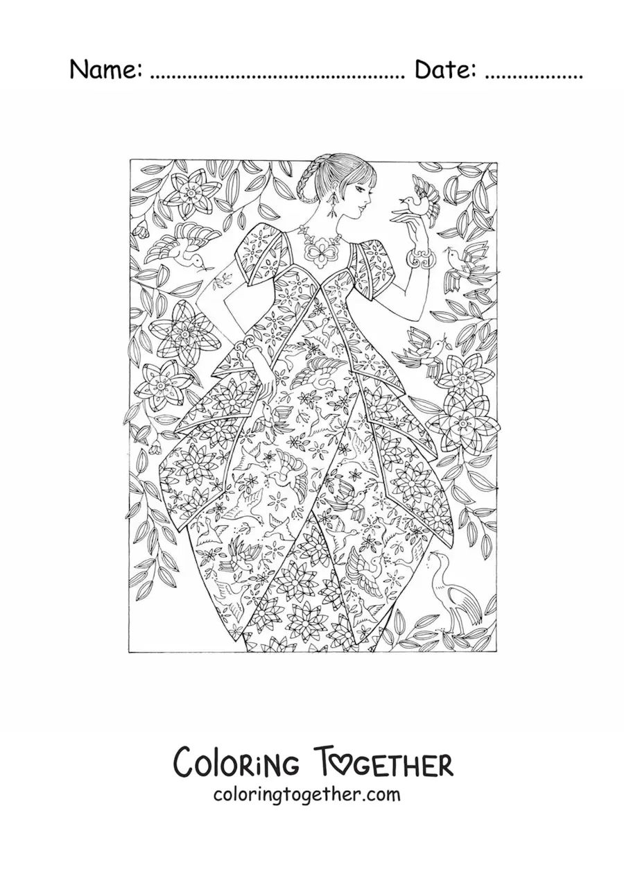 Coloring page of a woman in a period dress