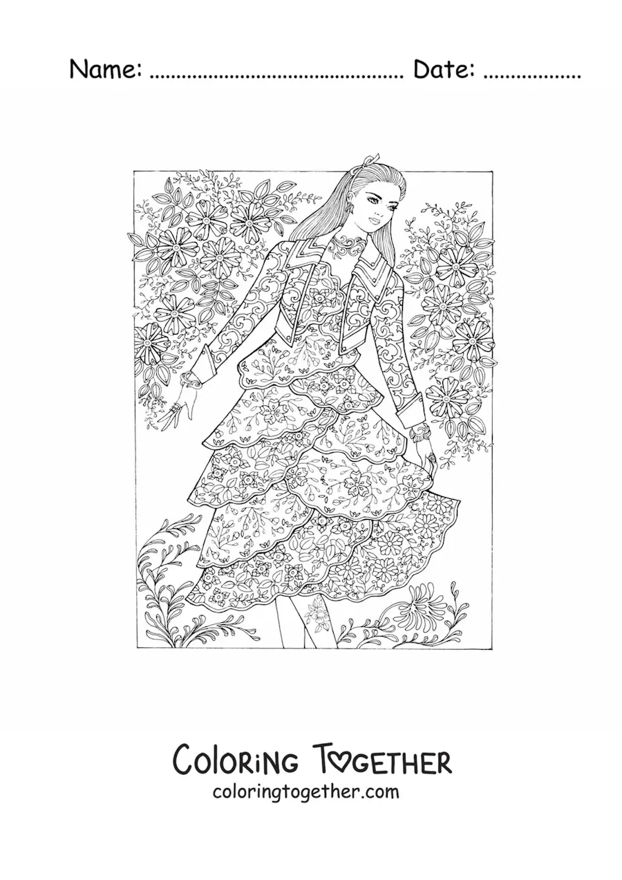 Coloring page of a model in a mandala dress