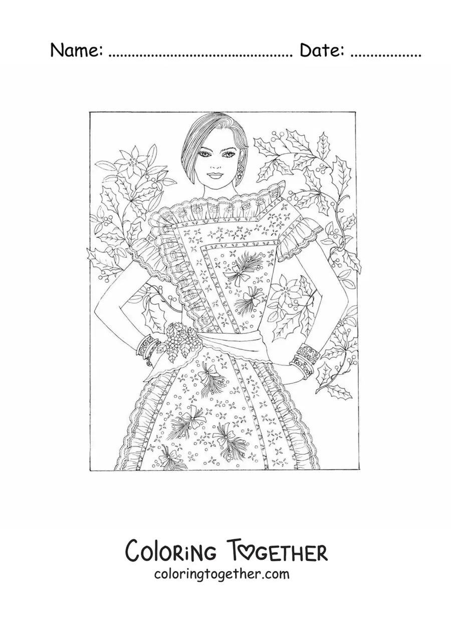 Coloring page of a model in a printed dress