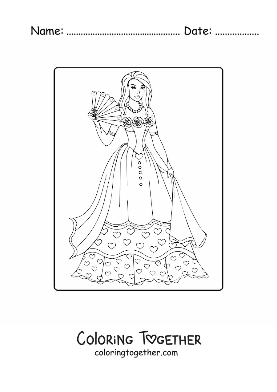 Coloring page of a princess with a dress and a fan