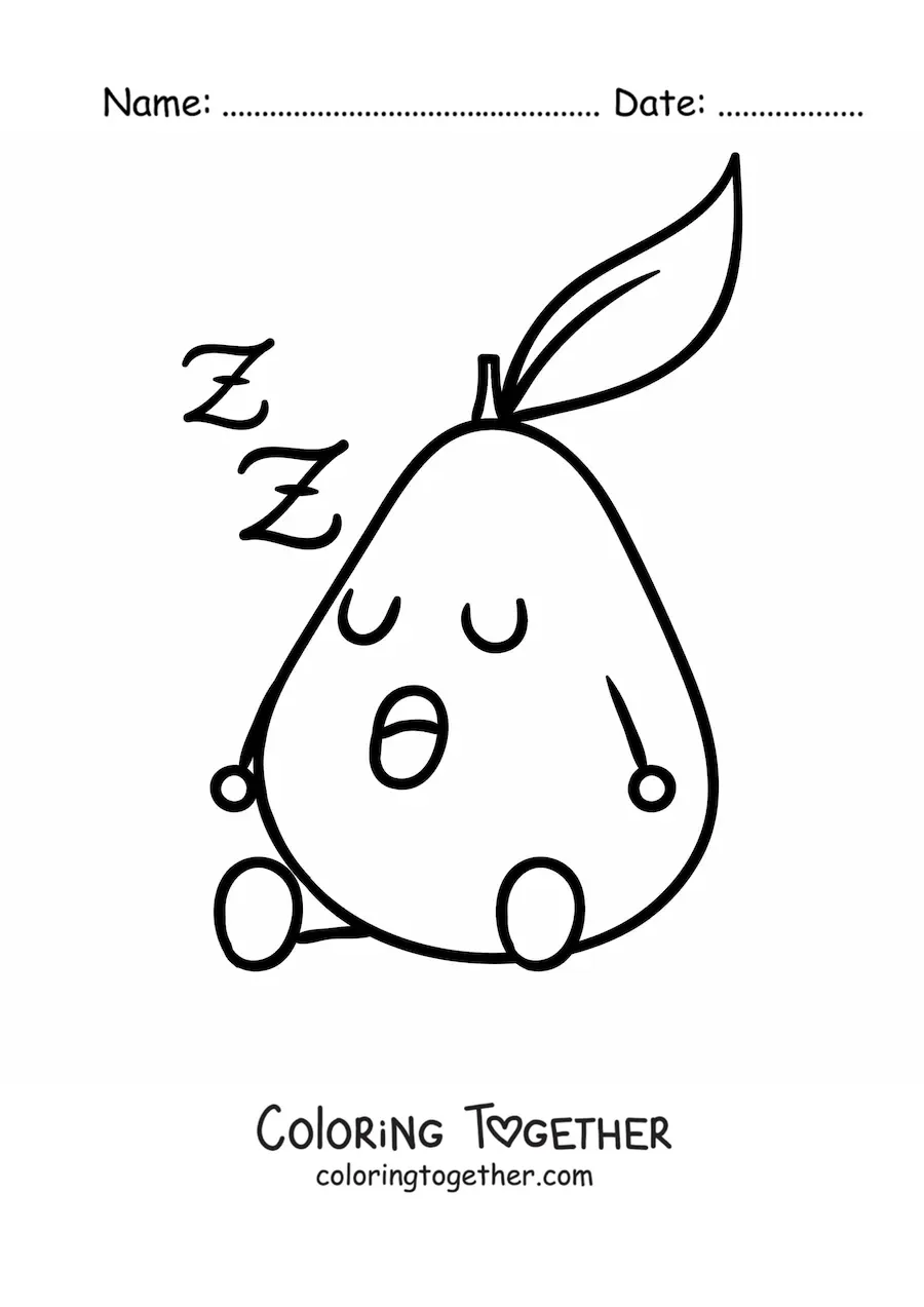 Coloring page of a cartoon pear sleeping while sitting