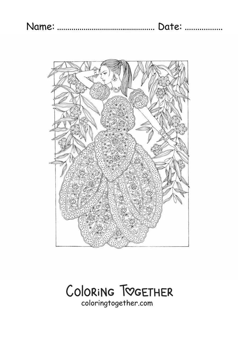 Coloring page of a model and a mandala-patterned dress