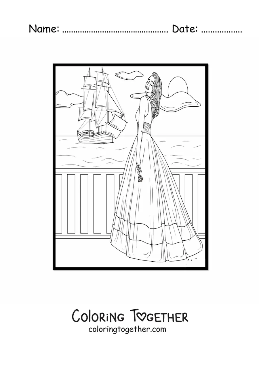 Coloring page of a model in a summer dress