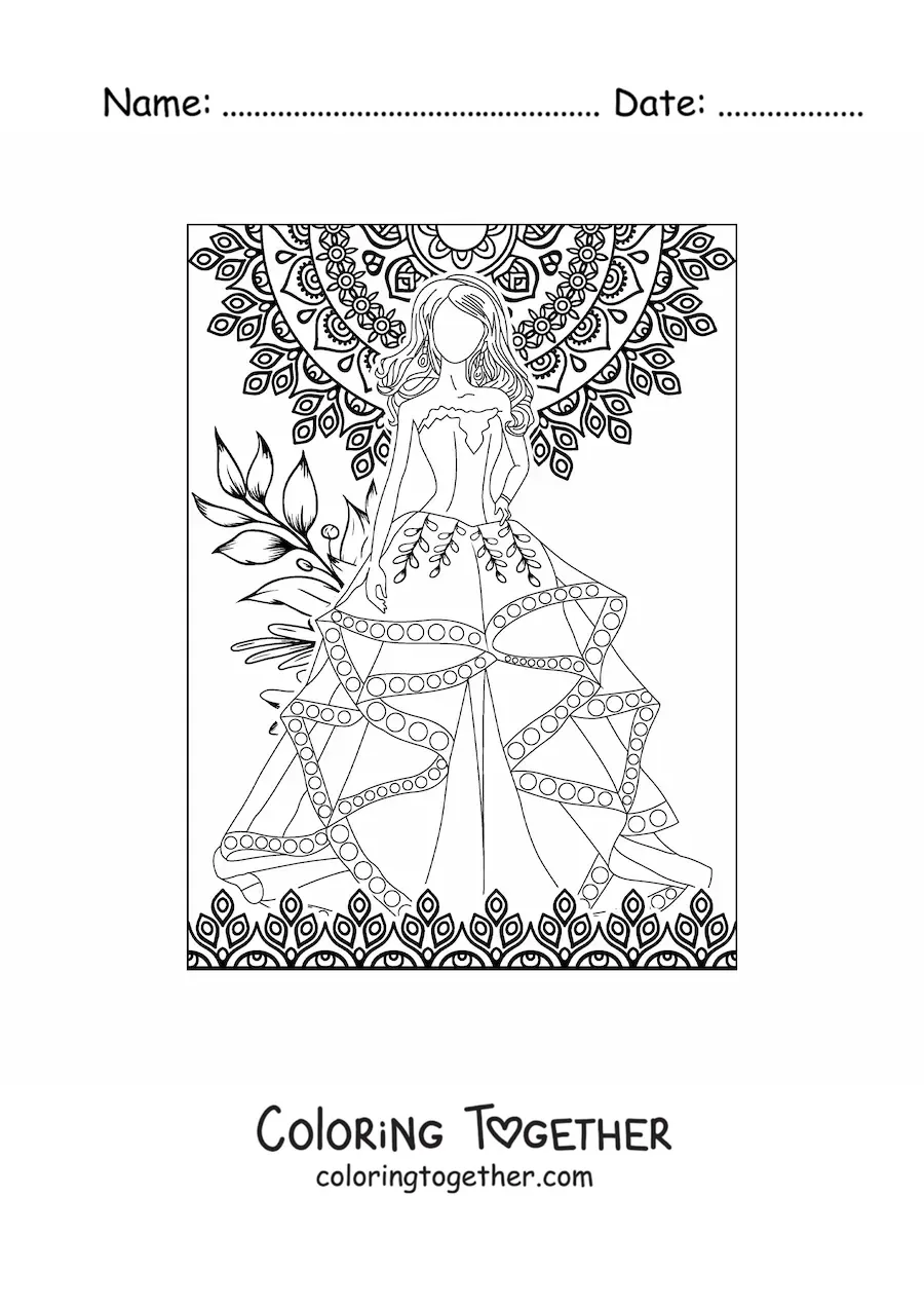 Coloring page of a wedding dress